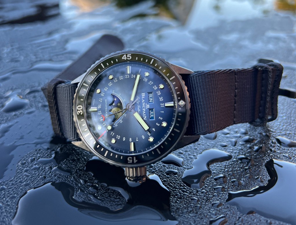 A closer look at the black ceramic blue dial Bathyscaphe 5054